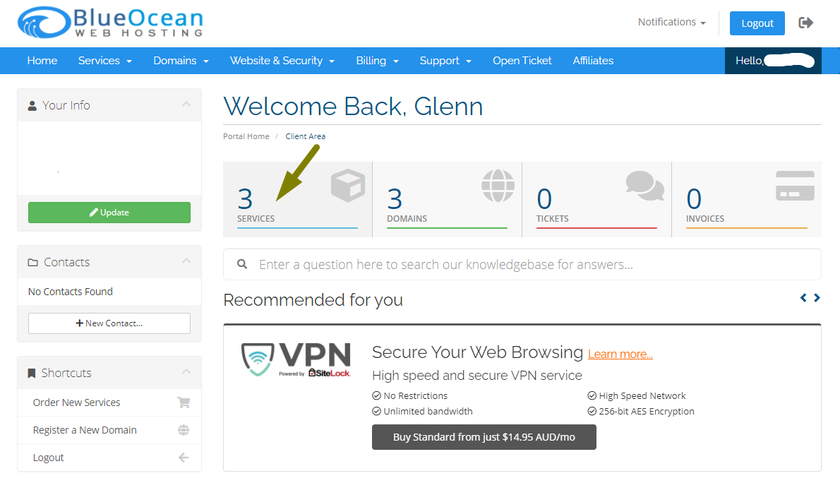 Billing Portal Home Screen Blue Ocean Web Hosting