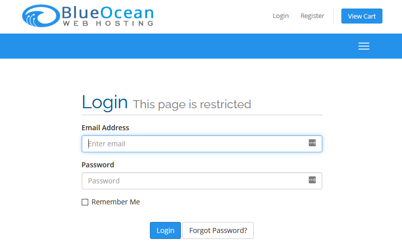 Enter your login credentials screen shot Blue Ocean Web Hosting