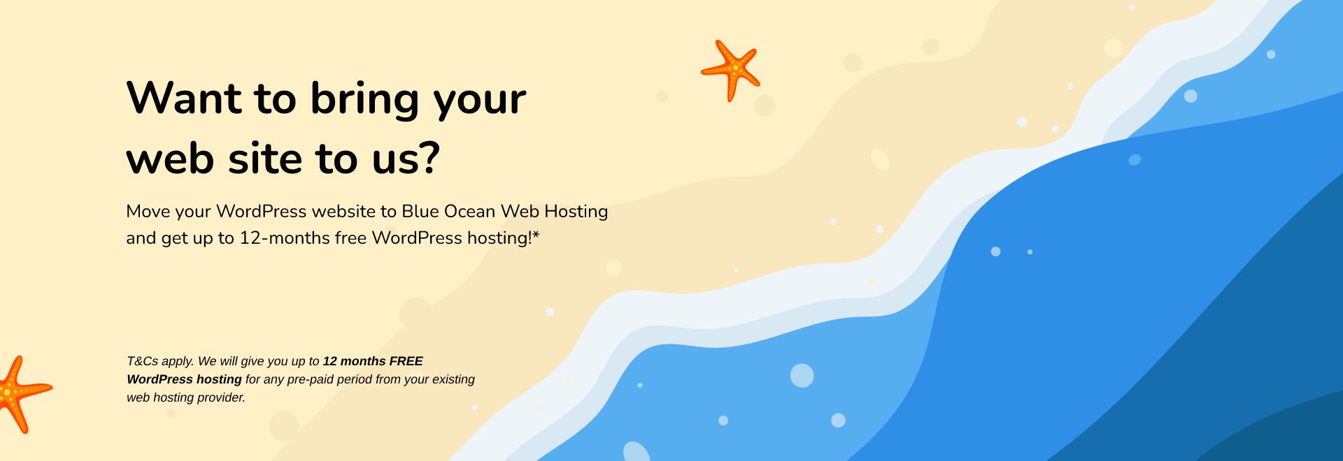 Image of waves on beach revealing text move your website to Blue Ocean Web Hosting
