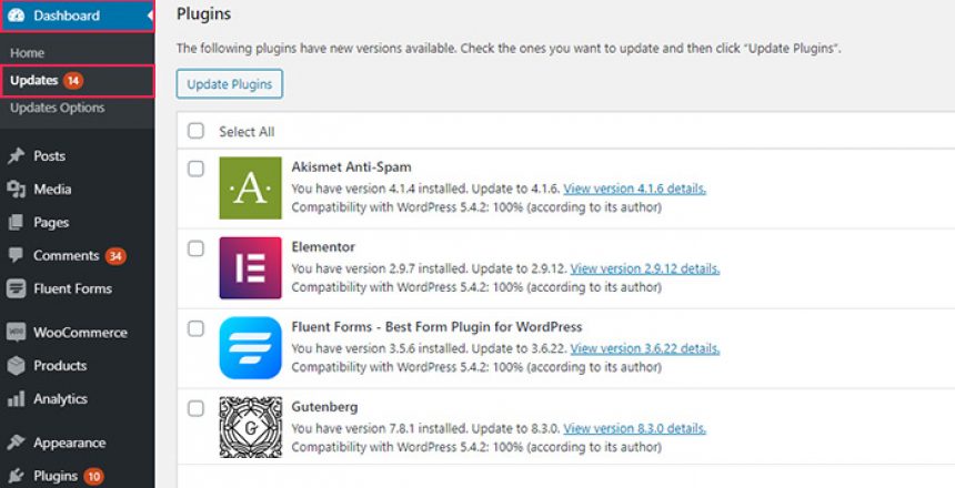 WordPress plugin updates screen